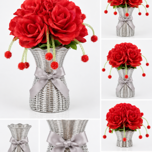 Artificial Red Flower Bouquet with wooven vase