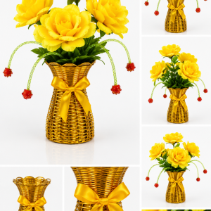 Artificial Yellow Flower Bouquet with wooven vase