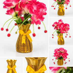 Artificial Pink Flower Bouquet with wooven vase